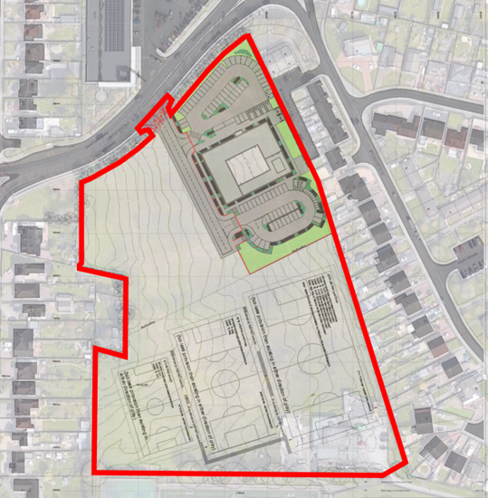 Proposed layout - health centre with sports pitches to south