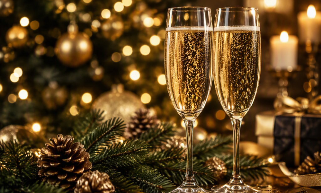 Knights Legal Services - Two glasses of champagne on a table with a christmas tree in the background.